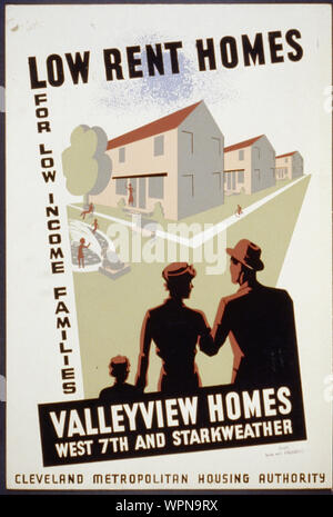 Low rent homes for low income families Abstract: Poster for Cleveland Metropolitan Housing Authority announcing new low income housing development, showing family looking at new homes. Stock Photo