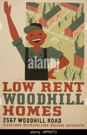 Low rent - Woodhill Homes, 2567 Woodhill Road Abstract: Poster for Cleveland Metropolitan Housing Authority promoting low income housing, showing a construction worker waving with houses in the background. Stock Photo