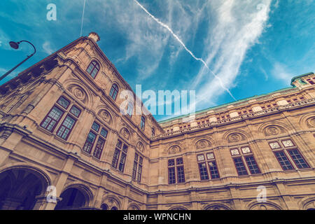 Detail view of Vienna State Opera building in Vienna, Austria, neo-Renaissance style architecture, wide shot Stock Photo