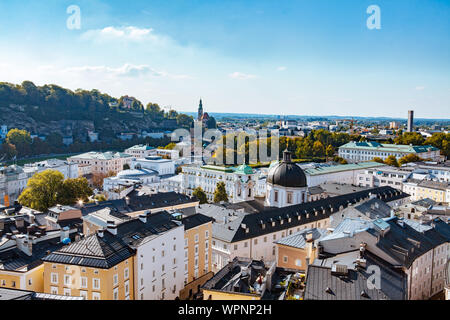 Panoramic view in a Autumn season at a historic city of Salzburg, Austria Stock Photo