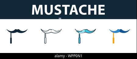 Mustache icon set. Four elements in diferent styles from party icon icons collection. Creative mustache icons filled, outline, colored and flat Stock Vector