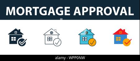 Mortgage Approval icon set. Four elements in diferent styles from personal finance icons collection. Creative mortgage approval icons filled, outline Stock Vector
