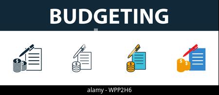 Budgeting icon set. Four elements in diferent styles from personal finance icons collection. Creative budgeting icons filled, outline, colored and Stock Vector