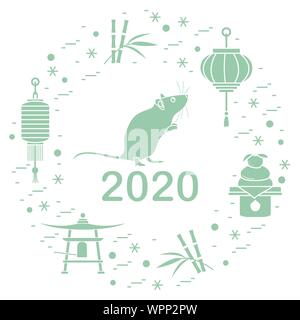 Happy new year. Vector illustration with 2020 year numbers, rat, lanterns, bell, mochi, bamboo, orange. Rat zodiac sign, symbol of 2020 on the Chinese Stock Vector