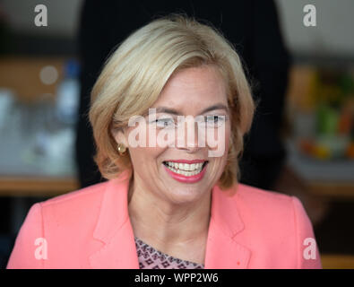 09 September 2019, Brandenburg, Nauen Ot Ribbeck: Julia Klöckner (CDU), Federal Minister of Food and Agriculture, laughs at the Havellandhof Ribbeck farm. The farm is one of ten demonstration farms of the F.R.A.N.Z. project (For resources, agriculture and nature conservation with a future). The project aims to demonstrate that agriculture is compatible with biodiversity conservation. Under the motto 'Together for more diversity in the agricultural landscape', ten demonstration farms throughout Germany are researching efficient biodiversity measures that can also be implemented in intensively f Stock Photo