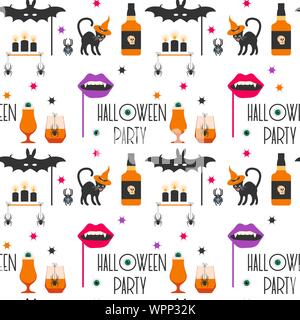Halloween party 2020. Vector seamless pattern with inscription Halloween party, eye, glasses, spider, candles, cat, hat, bat, vampire mouth mask, skul Stock Vector