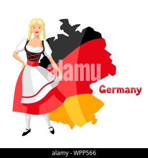 Girl in national costume of Germany on map. Stock Vector