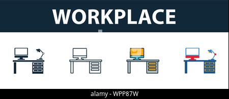 Workplace icon set. Four elements in diferent styles from project management icons collection. Creative workplace icons filled, outline, colored and Stock Vector