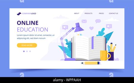 Online education landing page with with open book and a lamp. Vector illustration in flat style Stock Vector