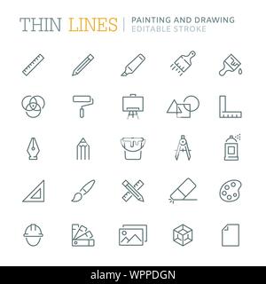 Drawing and painting. Vector icons set. Editable stroke Stock Vector