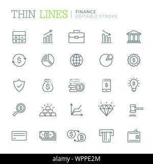 Collection of finance related line icons. Editable stroke Stock Vector