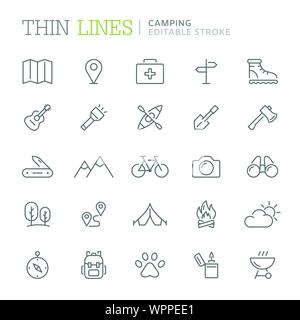 Collection of camping related line icons. Editable stroke Stock Vector