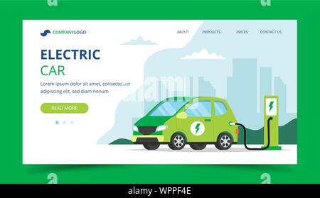 Electric car landing page - concept illustration for environment, ecology, sustainability, clean air, future. Vector illustration in flat style. Stock Vector