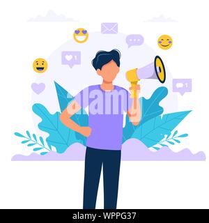 Man with megaphone - refer a friend, promotion, advertising, announcement concept illustration. Vector illustration in flat style. Stock Vector