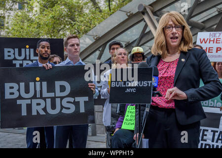 New York, USA. 9th Sep, 2019. Assemblymember Linda Rosenthan - Public transportation advocacy groups and local elected officials held a press conferece and rally at Bowling Green on September 8, 2019 to launch the Build Trust Campaign and to release a report with four recommendations for Governor Cuomo to deliver a cost-effective 2020-2024 MTA Capital Program to set the subway system on a course of steady improvement. Credit: Erik McGregor/ZUMA Wire/Alamy Live News Stock Photo