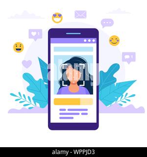 Face recognition technology concept illustration. Smartphone with woman photo on it. Vector illustration in flat style Stock Vector