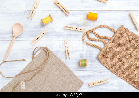 Zero waste. Recycling wooden thing  on wooden background Stock Photo