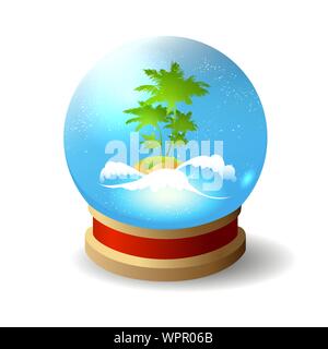 Tropical island in the ocean with palm trees inside a crystal ball. Vector illustration. Stock Vector