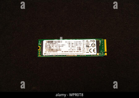 Paris, France - Jan 2, 2018: Front view of new fast SK Hynix NVM express Non-Volatile Memory Host Controller Interface ssd hard disk drive manufactured by the Korean tech giant Stock Photo