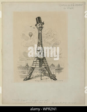 M. Eiffel, our artist's latest tour de force, June 29, 1889; Caricature of Gustav Eiffel in the form of the Eiffel Tower, which he built for the Exposition universelle in Paris in 1889. A balloon is in the background. (Source: A.G. Renstrom, LC staff, 1981-82).; Stock Photo