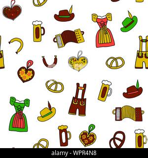 Oktoberfest seamless vector background. Oktoberfest repeating pattern. Traditional German icons. Bavarian beer, Lederhosen, Dirndl, gingerbread heart Stock Vector