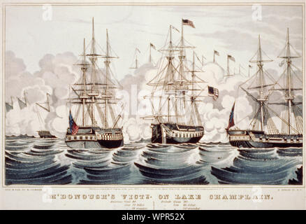 M'Donough's victy. on Lake Champlain Abstract: Print shows an American warship between two British ships during the battle on Lake Champlain (Battle of Plattsburgh). Smoke from the battle is visible in the background. Stock Photo