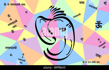 Lord Ganesha Worship Prayer Mantra(Hymn) in Sanskrit (Meaning “I offer my salutations and bow to you'') on Triangular Pastel Poly Diagonal Background. Stock Photo