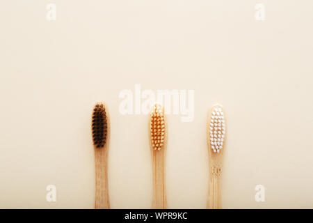 Eco-friendly bamboo tooth brush. Zero waste set on light beige natural background. Flat lay style. Stock Photo