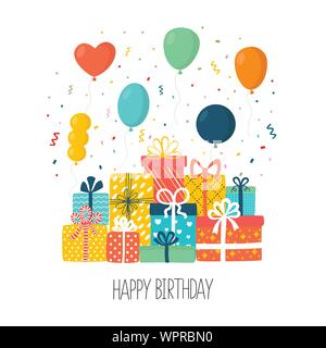 Flat happy Birthday festive background with balloons, confetti, gifts. Party and celebration design elements Stock Vector