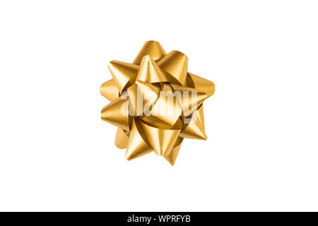Golden paper holiday bow over white isolated background. Single object. Mockup. Top view. Decoration for present Stock Photo
