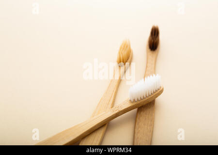 Eco-friendly bamboo tooth brush. Zero waste set on light beige natural background. Flat lay style. Stock Photo