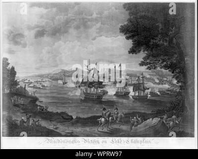 Macdonough's victory on Lake Champlain and defeat of the British Army at Plattsburg by Genl. Macomb, Sept. 17th 1814 Abstract: Print shows the naval battle that ensued on Sept. 11, 1814, between American forces commanded by Thomas Macdonough and British forces commanded by Captain George Downie. The Americans emerged victorious and the British retreated to Canada, bringing their northern campaign in the War of 1812 to an end. Stock Photo