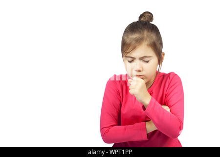 Little sick girl coughts. Isolated on the white background. The concept of viral diseases, alergy, seasonal colds in the children's team. Stock Photo