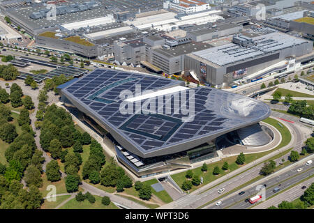 View of the BMW Welt showroom and factory from the Olympiaturm (Olympic Tower), Munich, Bavaria, Germany.