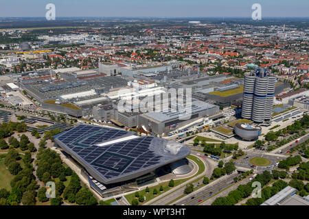 The BMW Museum viewed from the Olympiaturm (Olympic Tower), Munich, Bavaria, Germany.