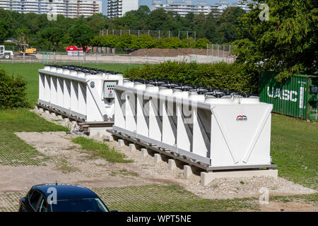 A Cabero heat exchanger, part of a industrial cooling system beside the 1972 Olympic Village today, Munich, Bavaria, Germany. Stock Photo