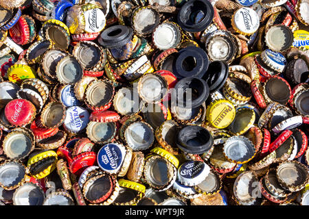 Los Angeles, California, United States - 02-22-2019: A top down view of a collection of beer bottle caps. Stock Photo