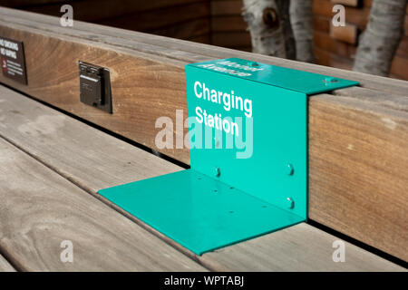 Rancho Cucamonga, California, United States - 02-22-2019: A closeup view of an outdoor charging station for phones and computers at the Victoria Garde Stock Photo