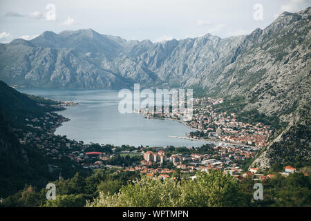 Beautiful view of the Bay of Kotor in Montenegro. Aerial view of the mountains, the sea and the city of Kotor. Stock Photo