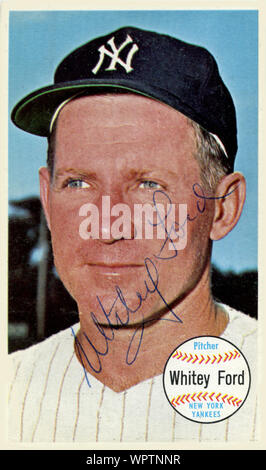 Autographed 1960's era baseball card of Hall of Fame player Whitey Ford with the New York Yankees. Stock Photo