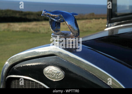 Ford Model A Coupe, vintage 1931, radiator filler cap, detail, flying bird, motor car, American Stock Photo