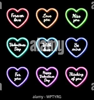 Color Valentines Day neon hearts frames set with celebrating text. Romance concept on black background. Reflection effect. Flyer banner poster Valenti Stock Vector