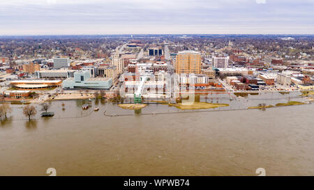 High Water floods the downtown riverfront area of Davenport Iowa in 2019 Stock Photo