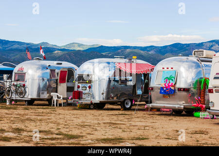 Airstream camping trailers at the Vintage Airstream Club Rocky Mountain Rally Stock Photo