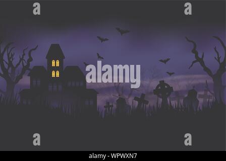 Halloween night with haunted house, cemetery and batsHalloween night with haunted house, cemetery and bats Stock Vector