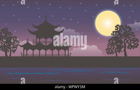 Night landscape of oriental park with kiosk in silhouette and full moon Stock Vector