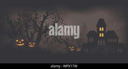 Halloween night with pumpkins and haunted house in a mysterious forest Stock Vector