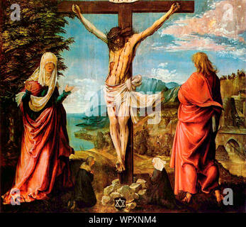 Jesus Christ on the Cross with Mary and St John - Albrecht Altdorfer, circa 1512 Stock Photo