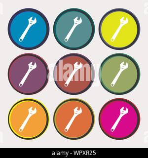 wrench icon sign. Nine multi colored round buttons. Vector Stock Vector