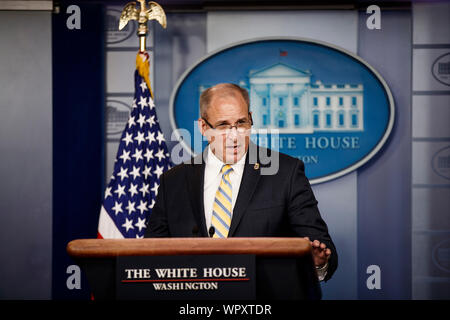Washington, USA. 9th Sep, 2019. Acting Customs and Border Protection (CBP) Commissioner Mark Morgan speaks during a press briefing at the White House in Washington, DC, the United States, on Sept. 9, 2019. The United States arrested or turned away 64,000 people at the Southern border in August, registering a third consecutive month in decline, according to an official Monday. Credit: Ting Shen/Xinhua Stock Photo
